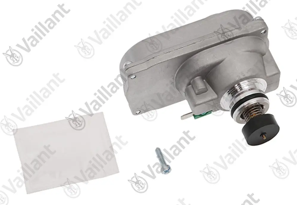 Vaillant Servo-Ventil in metallischer Ausführung, zusammen mit einer Schraube und einer transparenten Verpackung.